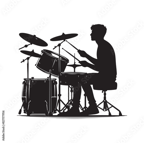 A drummer musician drumming drums in detailed silhouette