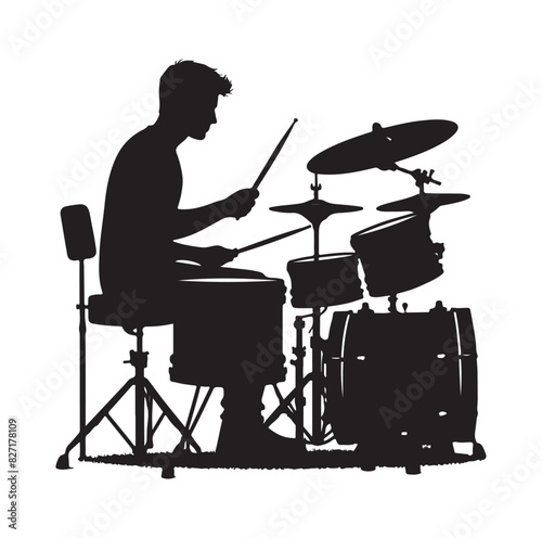 A drummer musician drumming drums in detailed silhouette
