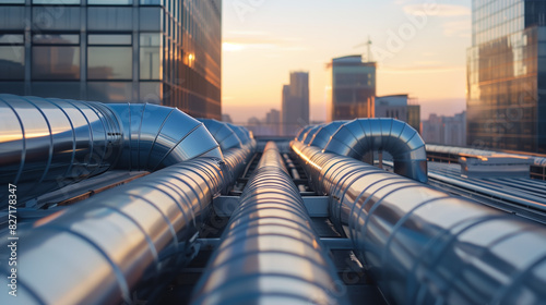 A long pipe is seen in the city with a skyline in the background. The pipe is silver and he is a part of a larger system. Concept of industrialization and urbanization, with the city photo