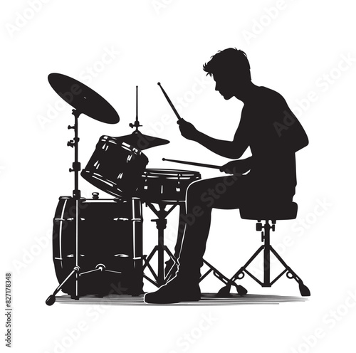 A drummer musician drumming drums in detailed silhouette