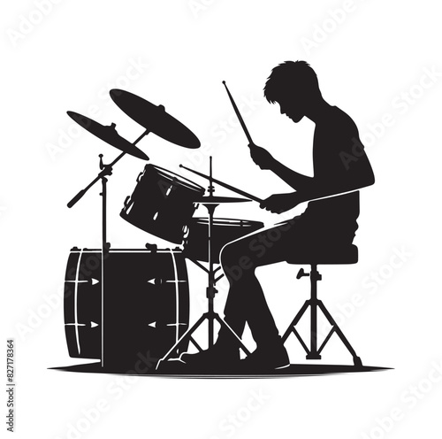 A drummer musician drumming drums in detailed silhouette