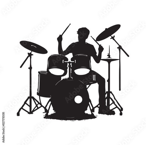 A drummer musician drumming drums in detailed silhouette