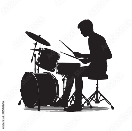 A drummer musician drumming drums in detailed silhouette