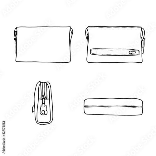 Technical sketch drawing vector Illustration of clutch bag line art, suitable for your custom men's bag design, outline vector doodle illustration side, rear, front and 3D view isolated on white