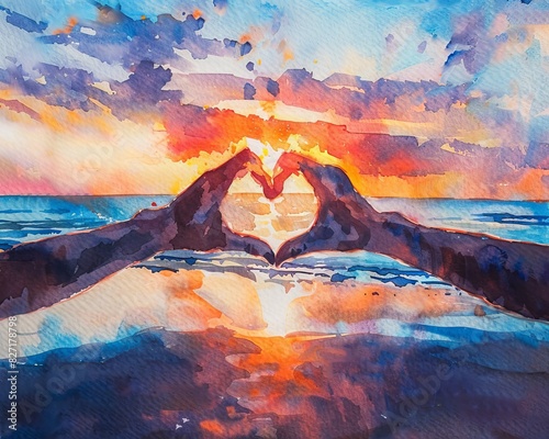 Friends forming a heart shape with their hands at a sunset beach, Friendship Love, Watercolor