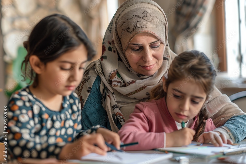 Middle eastern mother helping her son with school work while her daughter is listening to her Middle eastern mother helping her son with school work while her daughter is listening to her