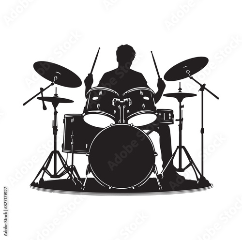A drummer musician drumming drums in detailed silhouette