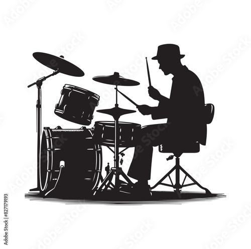 A drummer musician drumming drums in detailed silhouette