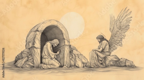 Biblical Illustration of Resurrection of Jesus with Stone Rolled Away, Angel, Morning Light, Beige Background, Copyspace