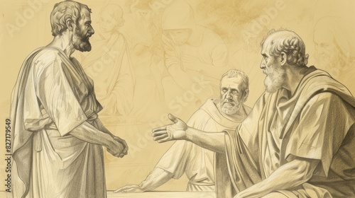 Biblical Illustration of Stoning of Stephen with Saul Watching, Heaven Opening, Beige Background, Copyspace
