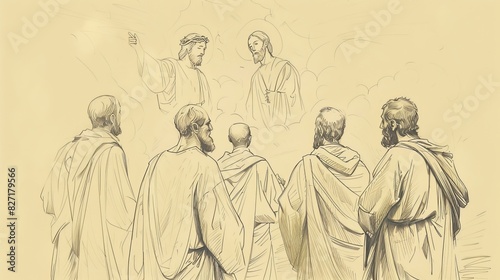 Biblical Illustration of Transfiguration of Jesus, Peter, James, John, Witnessing Moses and Elijah, Beige Background, Copyspace © T Studio