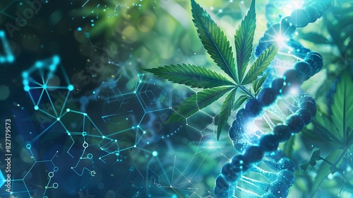A vibrant cannabis leaf seamlessly blends with a dynamic DNA strand, surrounded by a background of scientific symbols.