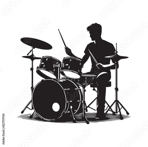 A drummer musician drumming drums in detailed silhouette