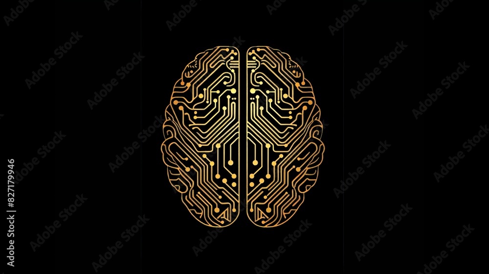 Vector logo of human brain made from circuit board, graphic design, black background, golden lines, front view, artificial intelligence concept, copy space Vector logo of human brain made from circuit board, graphic design, black background, golden lines, front view, artificial intelligence concept, copy space