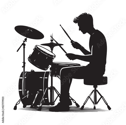 A drummer musician drumming drums in detailed silhouette