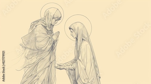 Angel Announces Birth of Son of God to Mary, Humble Acceptance, Biblical Illustration, Beige Background, Copyspace