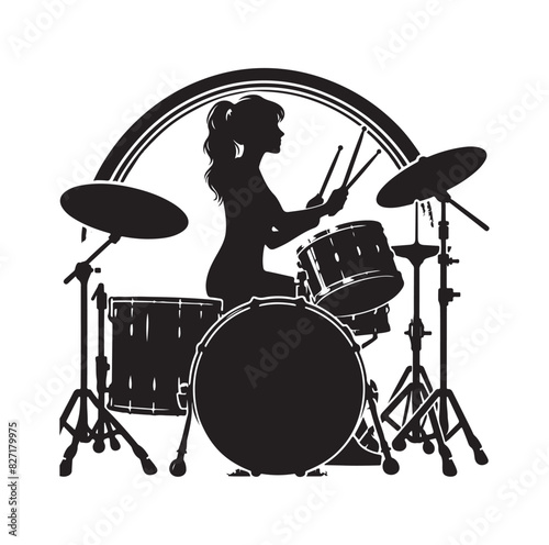 A drummer musician drumming drums in detailed silhouette