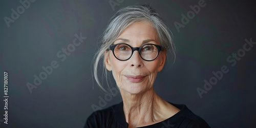 Old women face. Women's faces. Healthy Mature old lady close up portrait woman with grey hair smiling.  Model woman with glasses grey hair. Copy space.