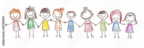 Hand drawn humans cute children's drawing with simple lines on white background.Banner, poster, children's drawing with colored pencils: a group of schoolchildren on a white background.