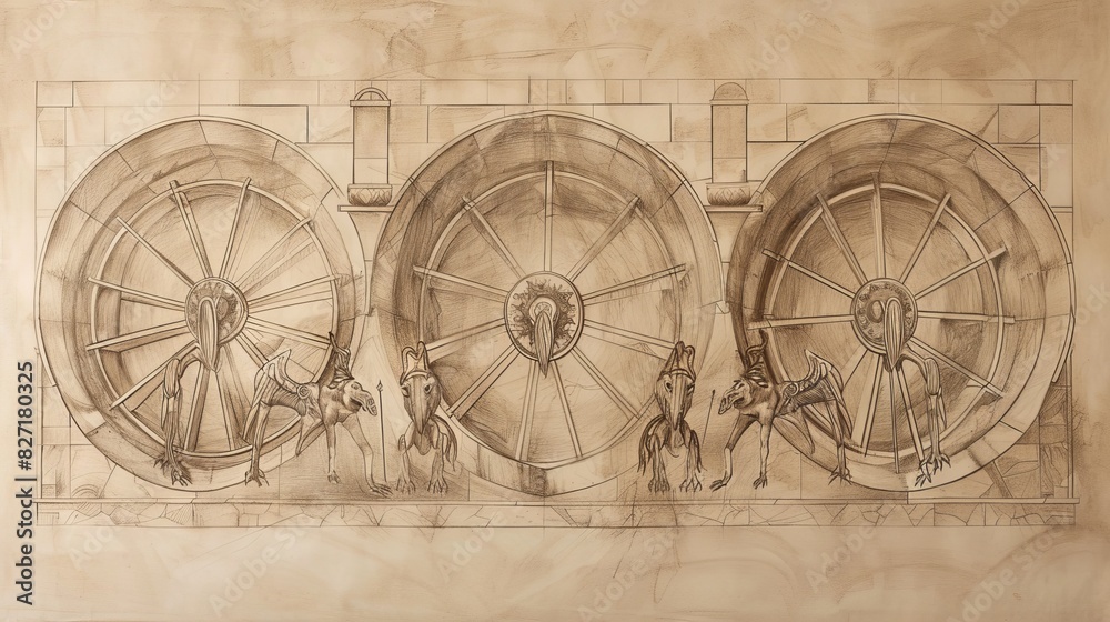 Ezekiel’s Vision of Wheels Within Wheels, Living Creatures, Glory of God, Biblical Illustration, Beige Background, Copyspace Ezekiel’s Vision of Wheels Within Wheels, Living Creatures, Glory of God, Biblical Illustration, Beige Background, Copyspace
