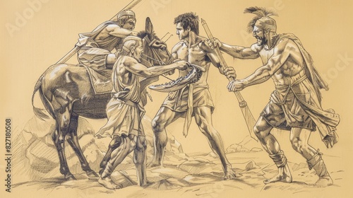 Biblical Illustration of Samson Fighting Philistines, Jawbone of Donkey, Great Strength, Beige Background, Copyspace