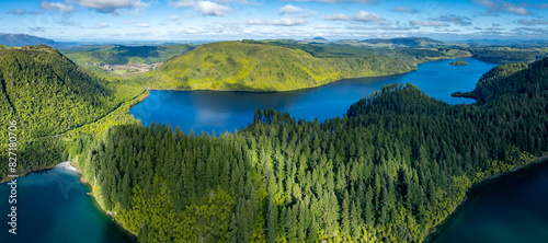Aerial: Scenic Blue and green lakes, Rotorua, New Zealand