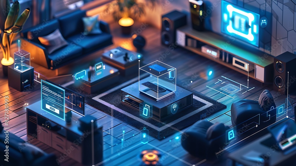 An array of smart home devices interconnected via a central hub, illustrating the convenience and efficiency enabled by digital transformation in residential settings.