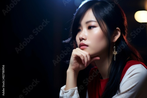 young asian woman with chin on hand.