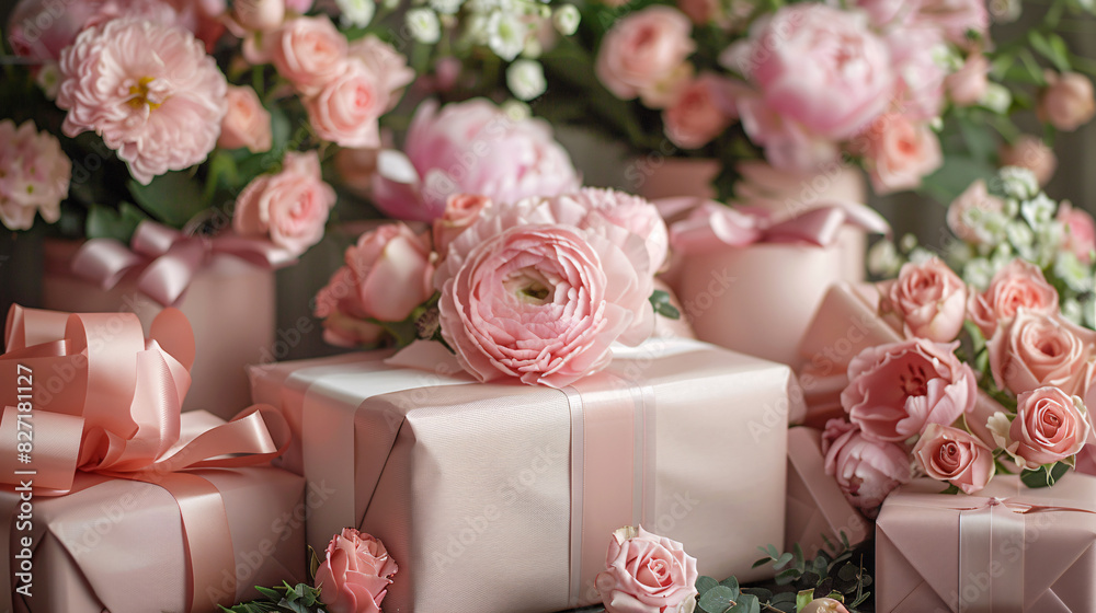 Fresh flowers and wrapped presents arranged elegantly on a flat surface Fresh flowers and wrapped presents arranged elegantly on a flat surface