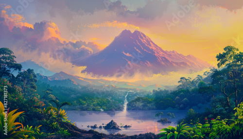 Oil painting-style side view of a tranquil volcano at sunset