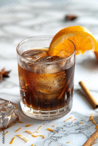 A cold brew coffee served in a clear glass with large ice cubes, a slice of orange peel, and a cinnamon stick, photographed on a marble countertop