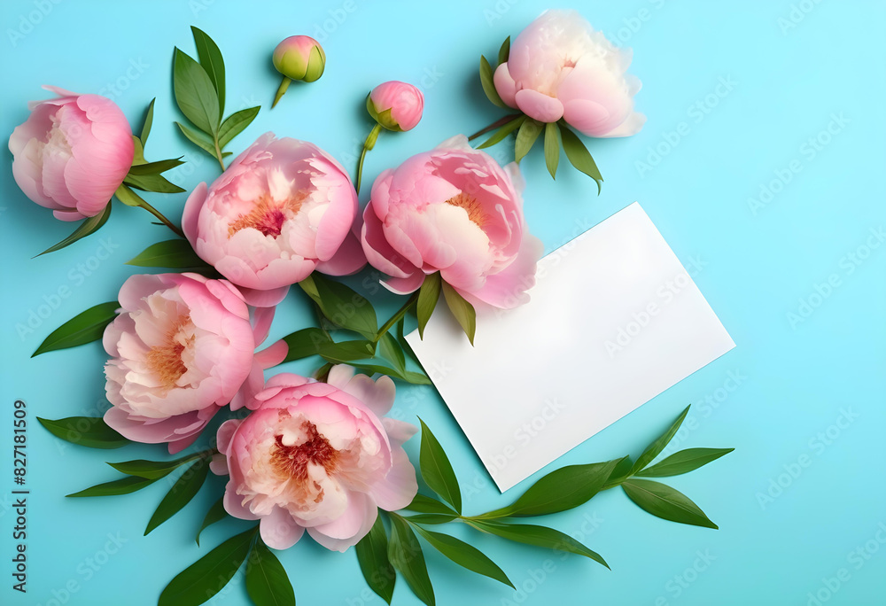 Fototapeta premium A flat lay of pink peonies and a blank card on a light blue background