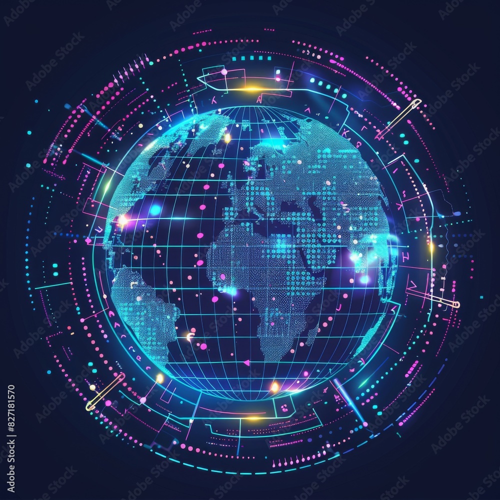 Obraz premium Global Hackathon Digital code and innovation symbols around the world