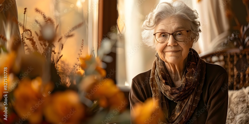 Joyful Elderly Woman Poses for Portrait at Home, Meeting the Camera's Gaze. Concept Portrait Photography, Elderly Woman, Home Setting, Eye Contact, Joyful Expression Joyful Elderly Woman Poses for Portrait at Home, Meeting the Camera's Gaze. Concept Portrait Photography, Elderly Woman, Home Setting, Eye Contact, Joyful Expression