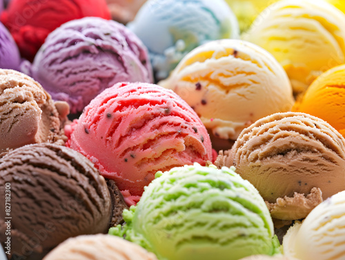Vibrant Assortment of Multi-Flavored Ice Cream Scoops in Rich Colors Creamy Textured Dessert with Mix-Ins Chocolate Chips  Fruit Pieces Indulgent  Sweet Treat for Food Enthusiasts