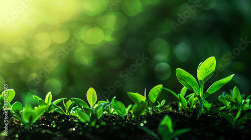 Green sprouted plant seedlings in the spring forest. Spring abstract green background. Young sprouts of plants sprouted from the ground. Nature, ecology and gardening concept.
