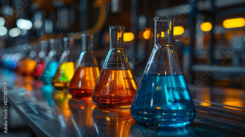 Glass flasks filled with colored liquid experiment