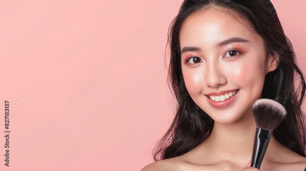 Beauty Asian Girl tan skin with Natural Makeup Brushes and smiling and looking to powder brush Beauty Asian Girl tan skin with Natural Makeup Brushes and smiling and looking to powder brush