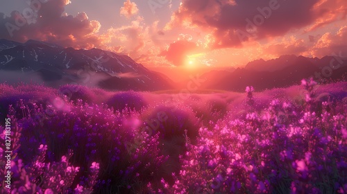 A serene field of lavender under a softly glowing evening sky