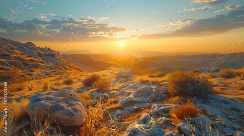 A rocky desert landscape at sunset