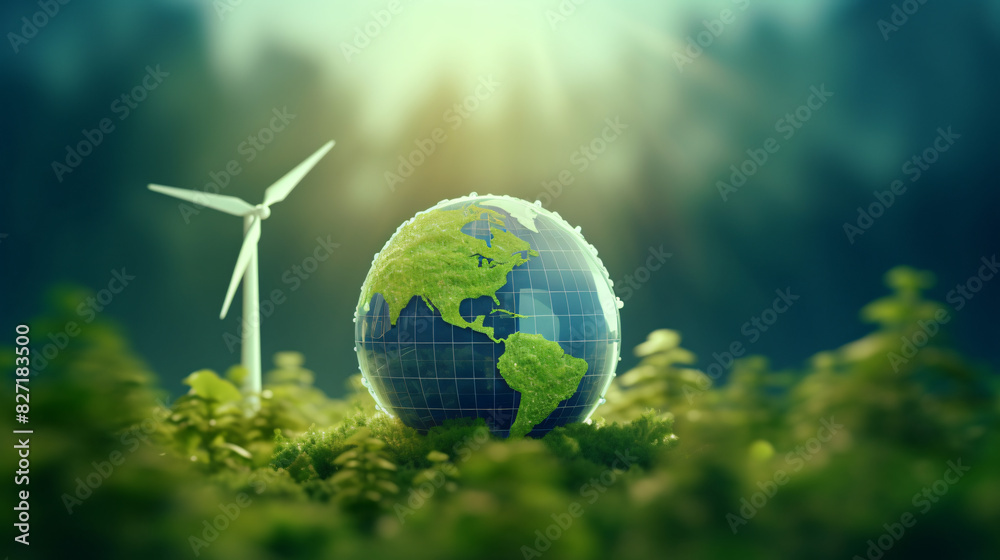 green earth with wind turbines and solar panels as a concept in conserving clean energy