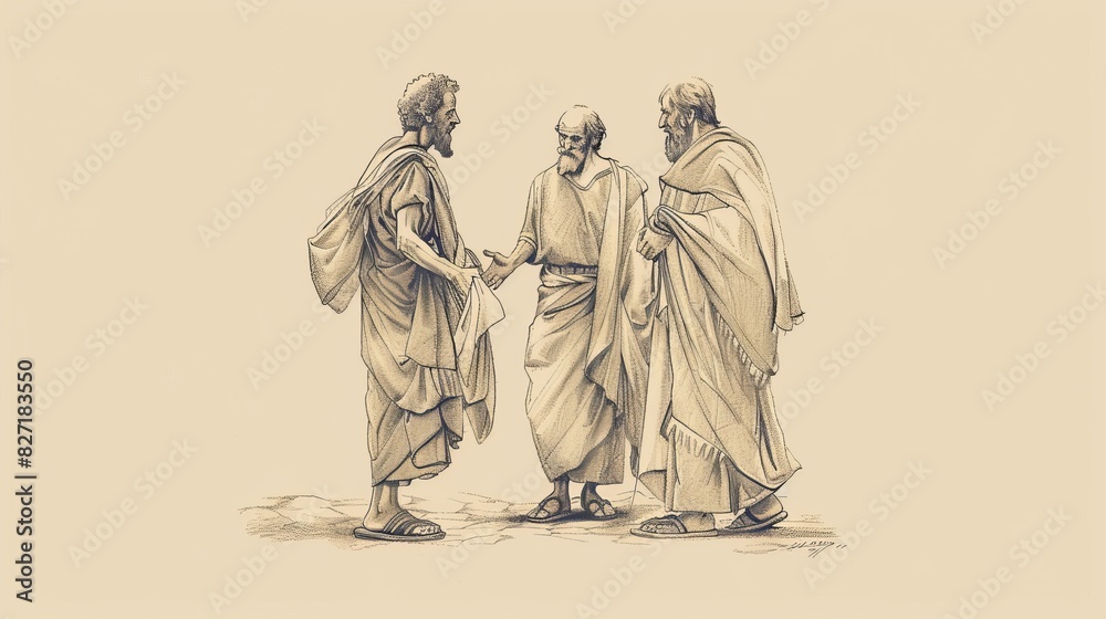 Fototapeta premium Biblical Illustration of Unjust Judge Parable, Persistent Widow, Justice, Beige Background, Copyspace