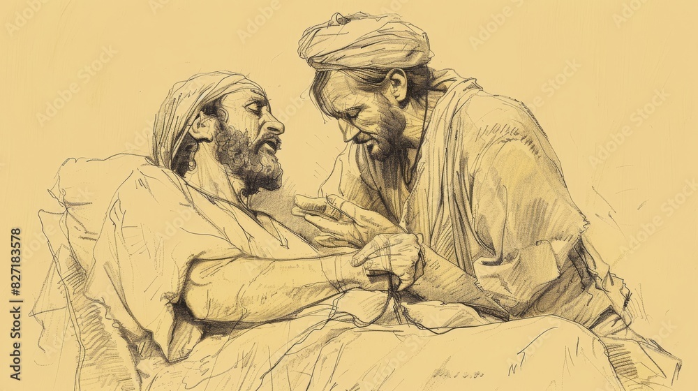 Fototapeta premium Biblical Illustration of Good Samaritan Tending to Injured Man on Roadside, Beige Background, Copyspace
