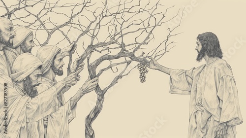 Biblical Illustration of Parable of Vine and Branches, Jesus as Vine, Followers Bearing Fruit, Beige Background, Copyspace
