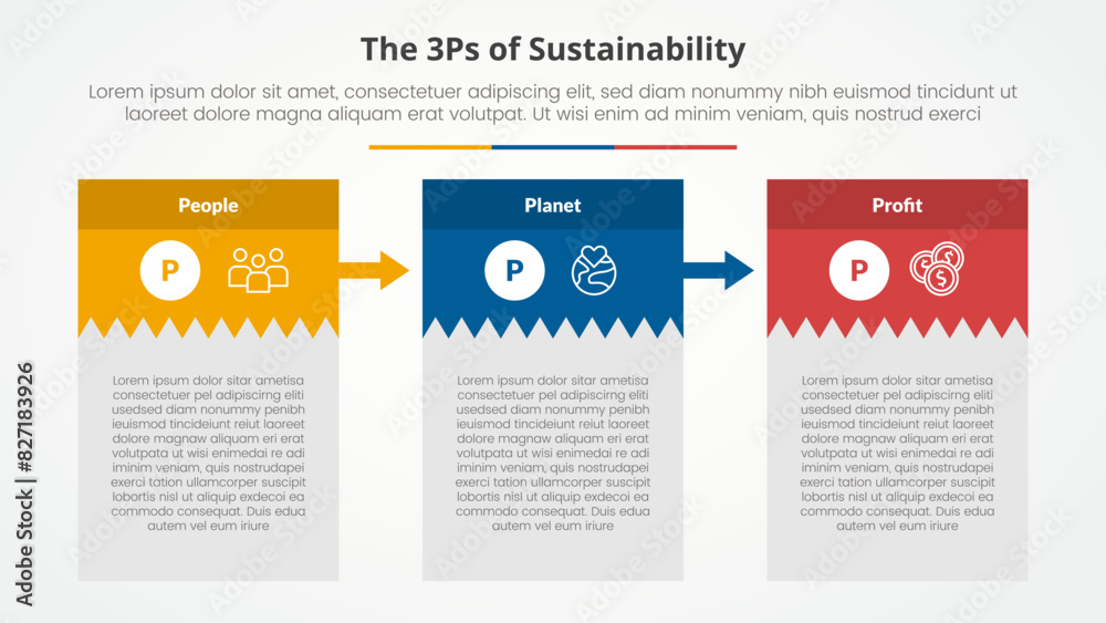 3P or 3Ps sustainability framework infographic concept for slide presentation with creative box table with big header and arrow with 3 point list with flat style