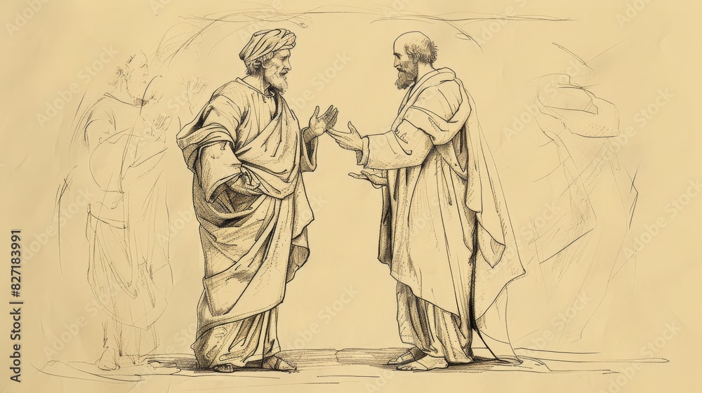 Obraz premium Biblical Illustration of Unjust Judge Parable, Persistent Widow, Justice, Beige Background, Copyspace