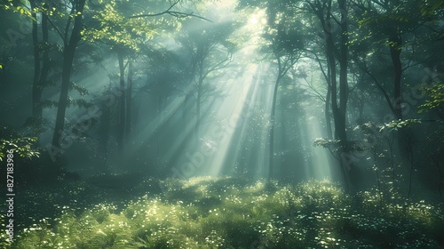 A serene forest clearing bathed in the soft light of early morning
