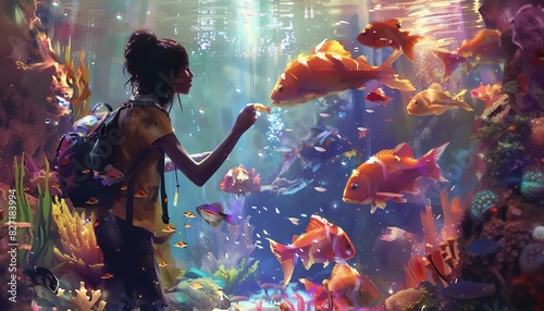 A girl exploring an underwater world filled with colorful fish and vibrant coral, creating a mystical and enchanting scene photo