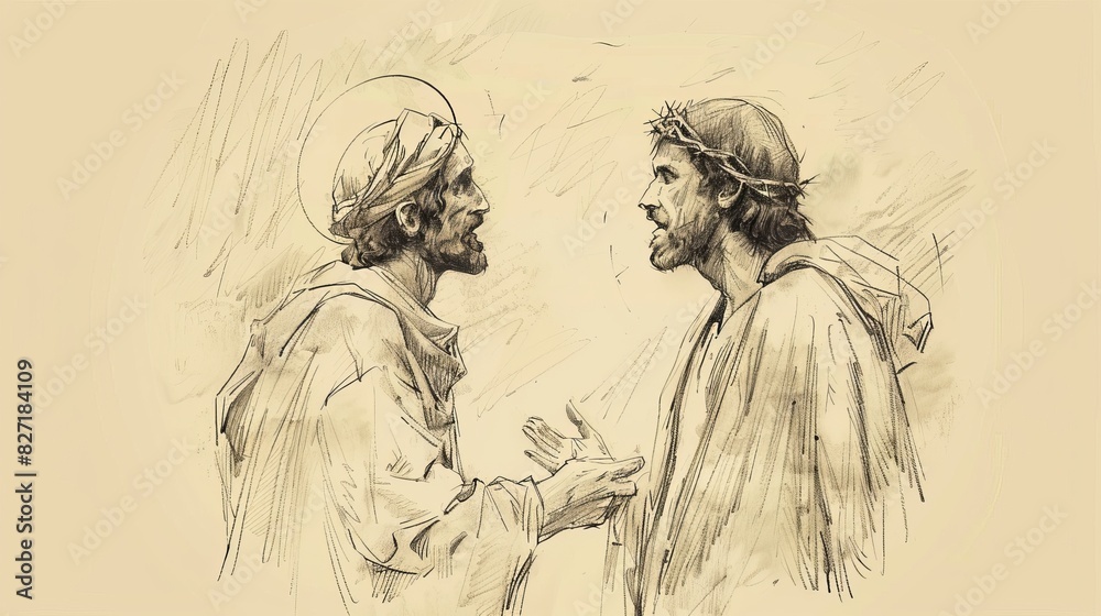 Jesus and Thief on Cross, 'Today in Paradise', Biblical Illustration, Beige Background, Copyspace