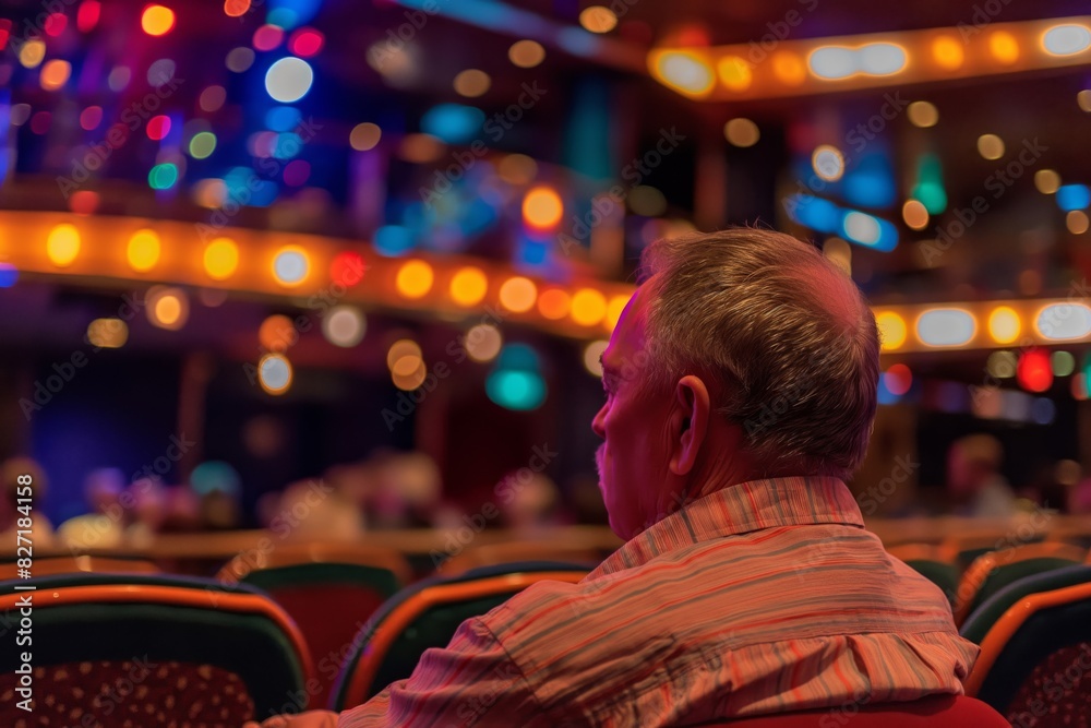 Man attentively watches a live show, surrounded by the vibrant ambiance of a theatre's colorful lights and seating Man attentively watches a live show, surrounded by the vibrant ambiance of a theatre's colorful lights and seating